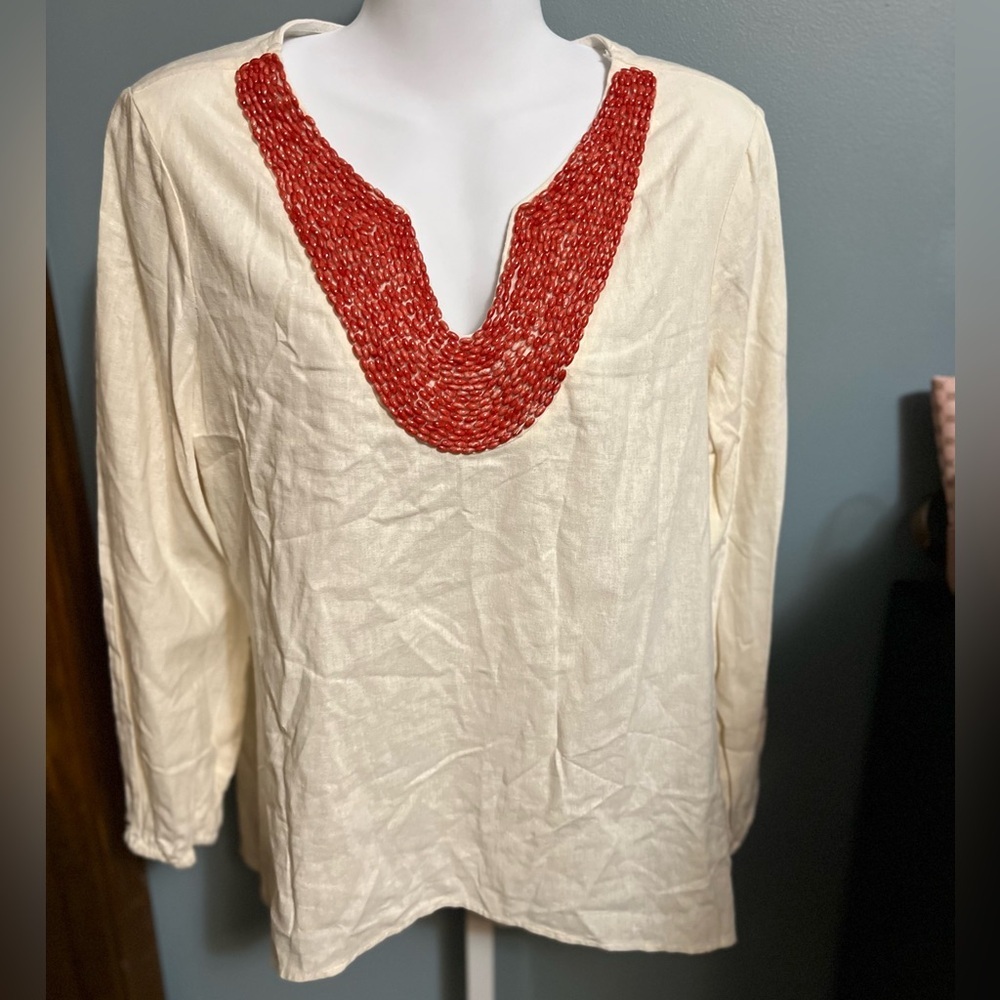 Isaac Mizrahi Cream Long Sleeve Tunic Top with Orange Beaded Neckline  NWT